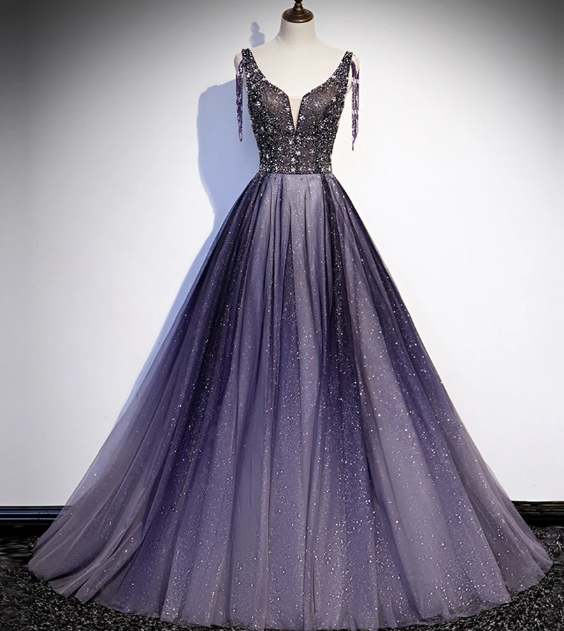 Charming Purple Gradient Tulle V-Neckline Long Party Dress, A-Line Prom Dress cg14741