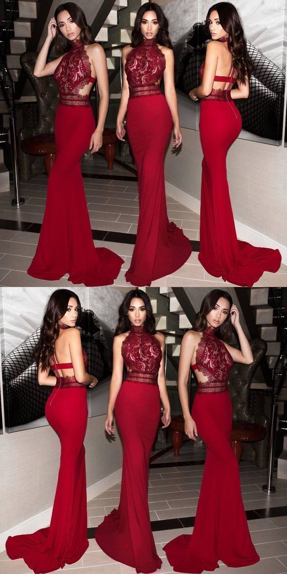 Mermaid High Neck Sweep Train Red Stretch Satin Prom Dress with Lace cg14770