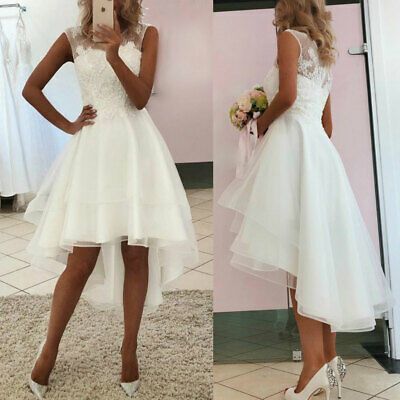 White A-line Sleeveless Lace Appliques Hi-Low Prom Dresses cg14793