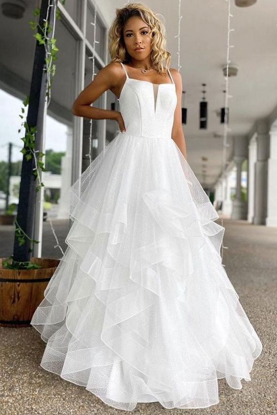 White tulle sequin long prom dress white evening dress cg14808