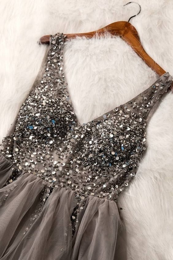 A-line grey tulle long evening prom dress with sparkles cg14809