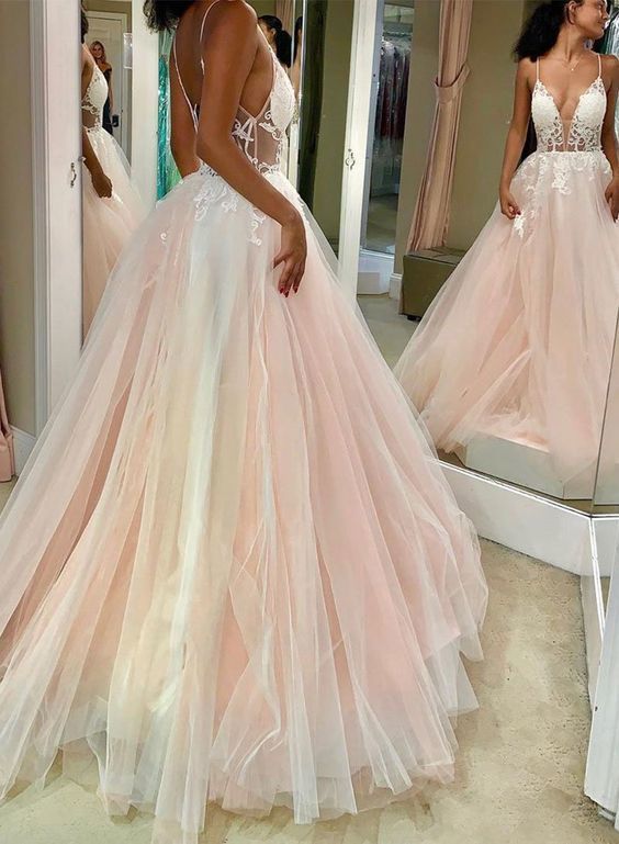 Pink v neck tulle lace long prom dress, pink evening dress cg14823