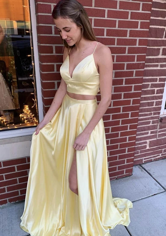Yellow satin long prom dress two pieces evening dress cg14827