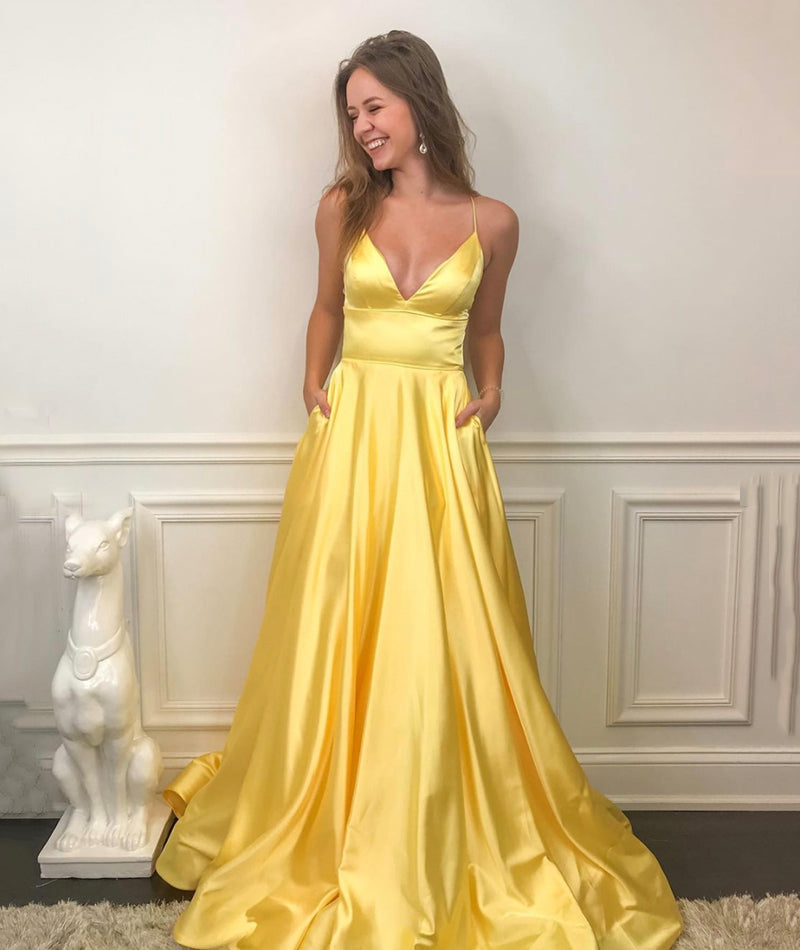 YELLOW V NECK SATIN LONG PROM DRESS SIMPLE EVENING DRESS cg14829