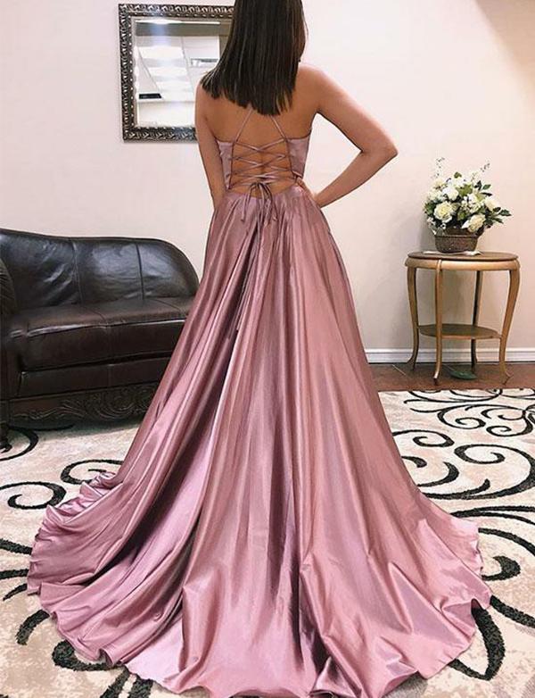 Simple A Line Spaghetti Straps Prom Dresses Long Split Front cg14842
