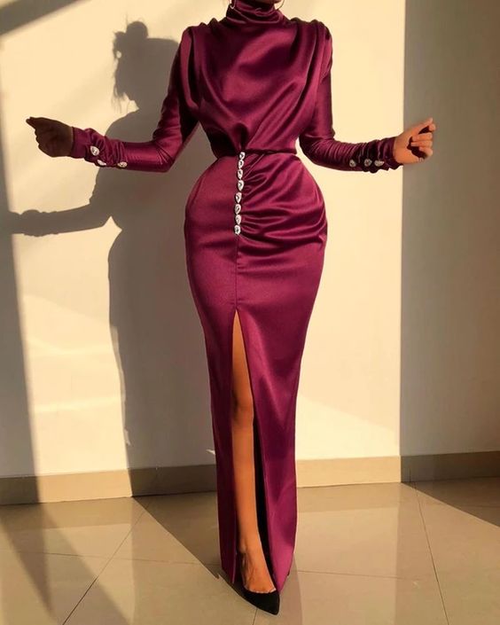 Elegant Long Sleeve Satin Dress Women Solid Split High Neck Long Maxi Dress Prom Dresses Long cg14844