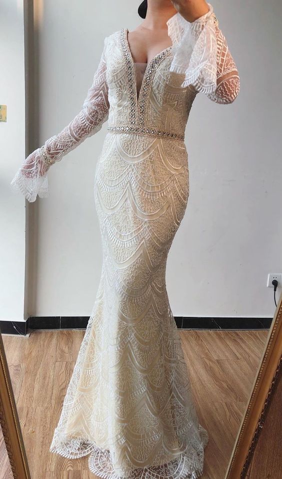 Trumpet/Mermaid V neck Lace Beaded Long Prom Dresses Formal Evening Gowns cg14866