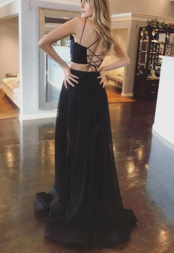 Black two pieces tulle long prom dress black evening dress cg14869