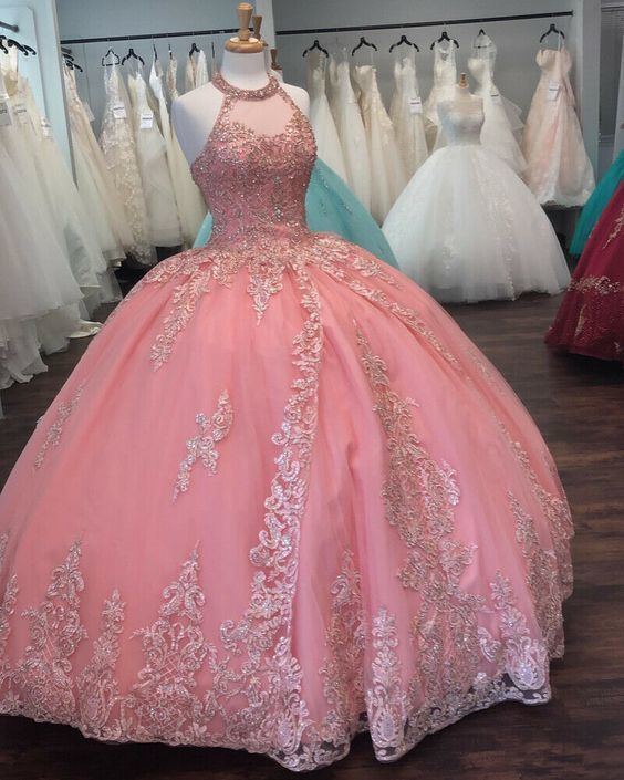 Pink Halter Ball Gown Dress With Lace ,prom dresses cg14878