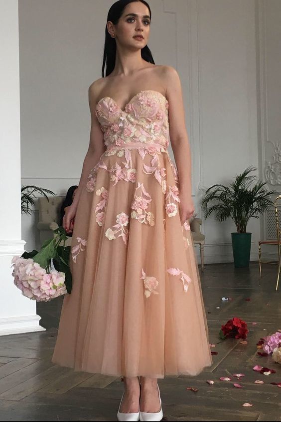 sweetheart peach ankle length dress with flowers Prom Dress cg14897