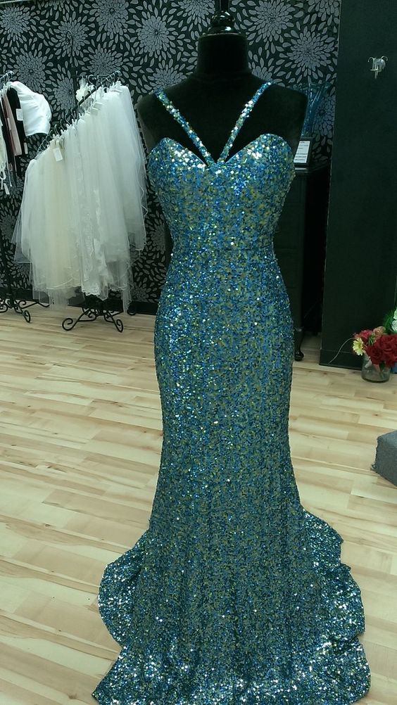 Blue and Green Sequined Prom Dress cg14911