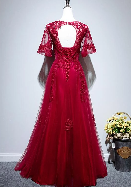 Beautiful Red Short Sleeves Tulle Prom Dress, Red Long Evening Gown cg14912