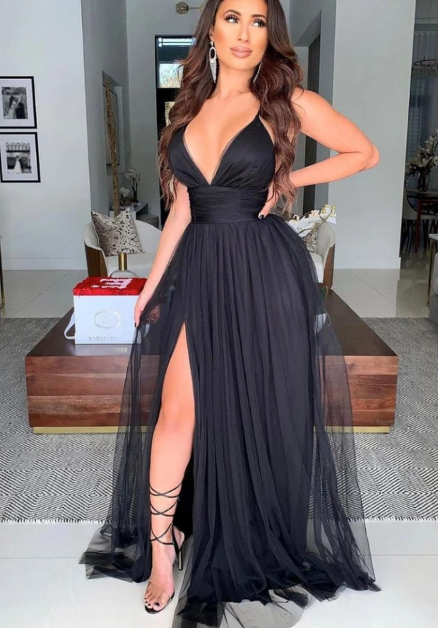 SIMPLE BLACK V NECK TULLE LONG PROM DRESS BLACK FORMAL DRESS cg14914