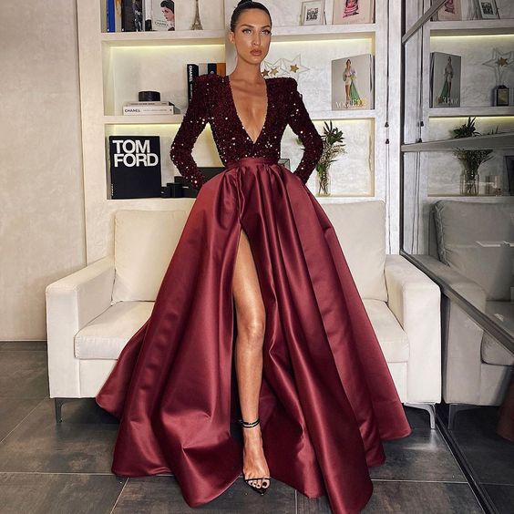 V-neck Burgundy Sequin Satin Prom Dresses, High Side Slit Prom Dresses cg14941
