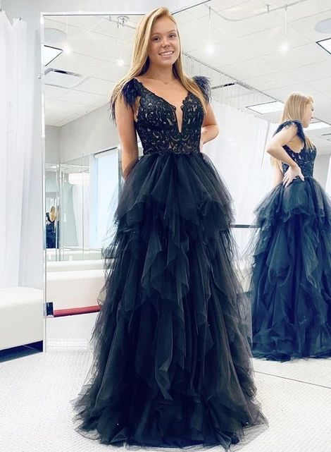 Black tulle lace long prom dress evening dress cg14950