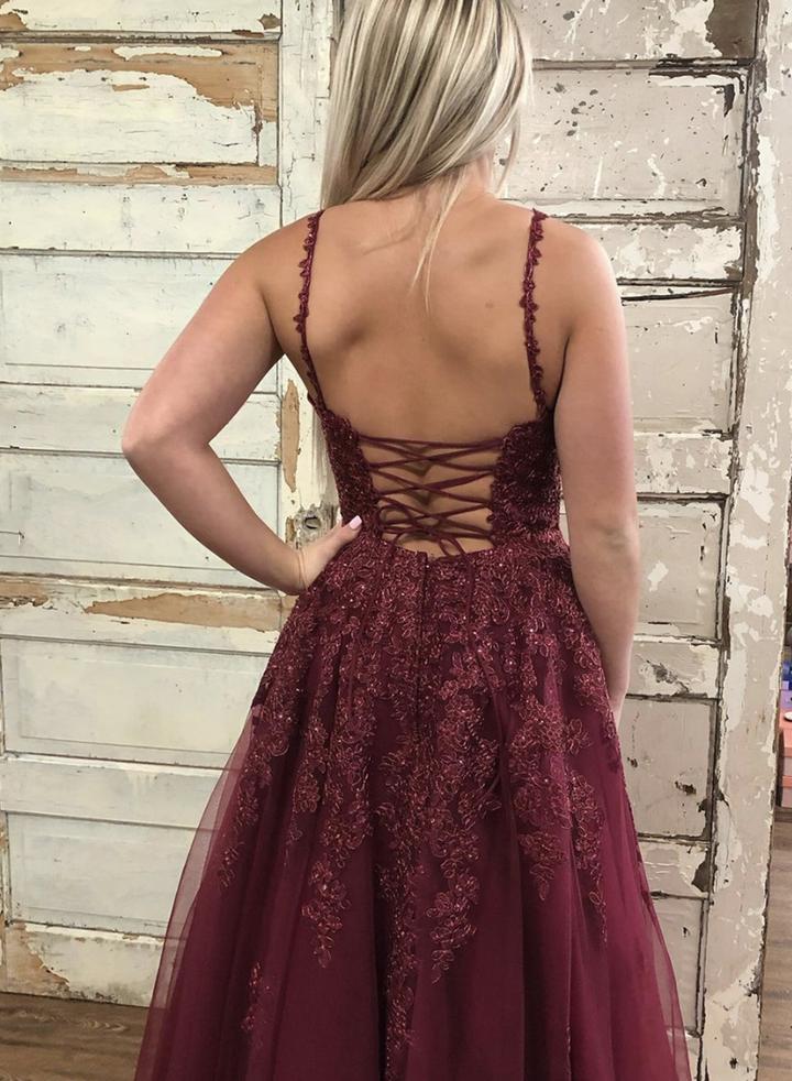 Burgundy v neck tulle lace long prom dress evening dress cg14971