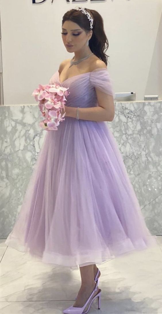 Elegant Lavender Tulle Midi Prom Dresses Off The Shoulder Party Gowns cg14977
