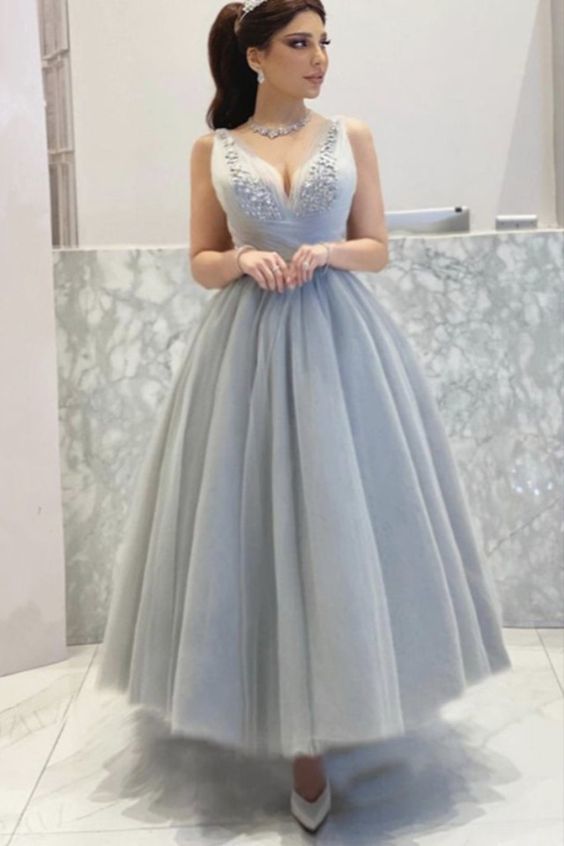 Elegant gray tulle prom dresses ankle length formal evening gown for bridal cg14978