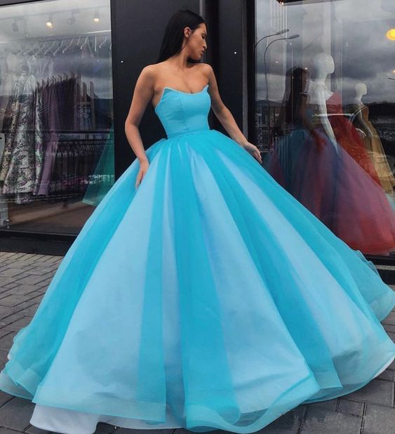 Pretty Blue Tulle Strapless Floor Length Lace Up Sweet 16 Prom Dress, Ball Gown cg14984