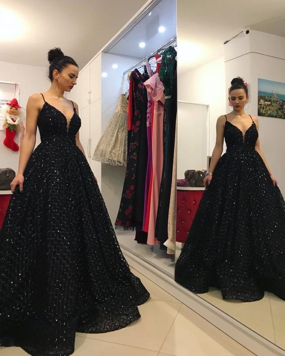 A-line V Neck Black Prom Dress , Shiny Prom Dress cg15000