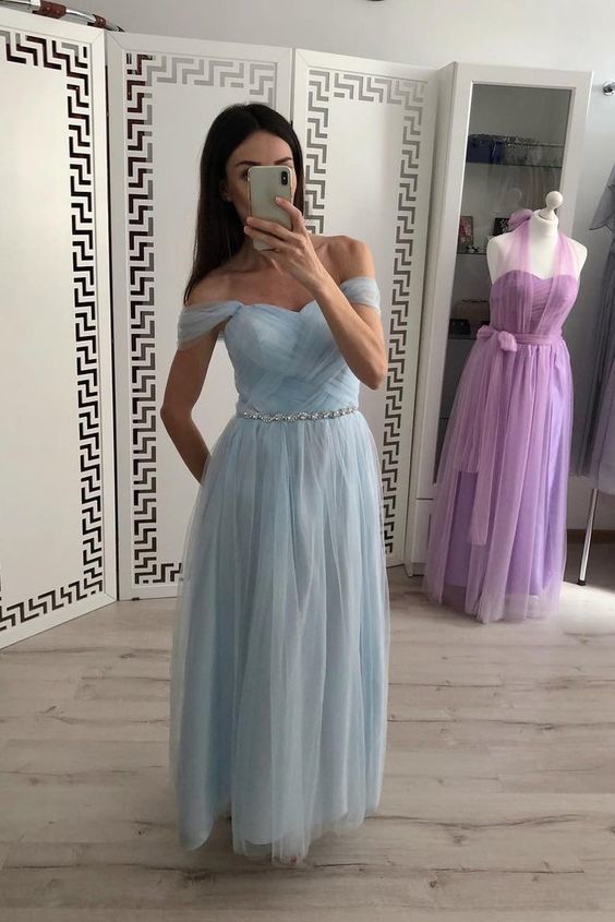 A Line Tulle Off the Shoulder Light Blue Cheap Prom Dresses cg15021