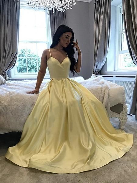 Yellow V Neck Long Satin Prom Dresses, Yellow Long Formal Evening Dress cg15024