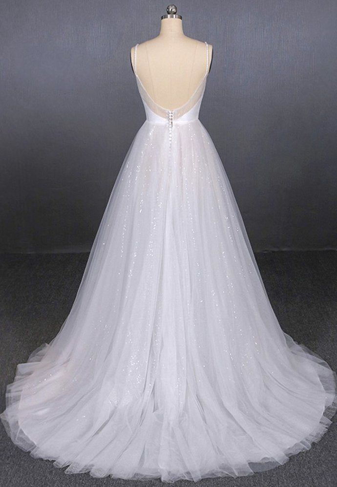 White tulle sequins long prom dress white evening dress cg15032