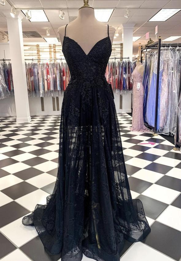 Black tulle lace long prom dress black evening dress cg15036