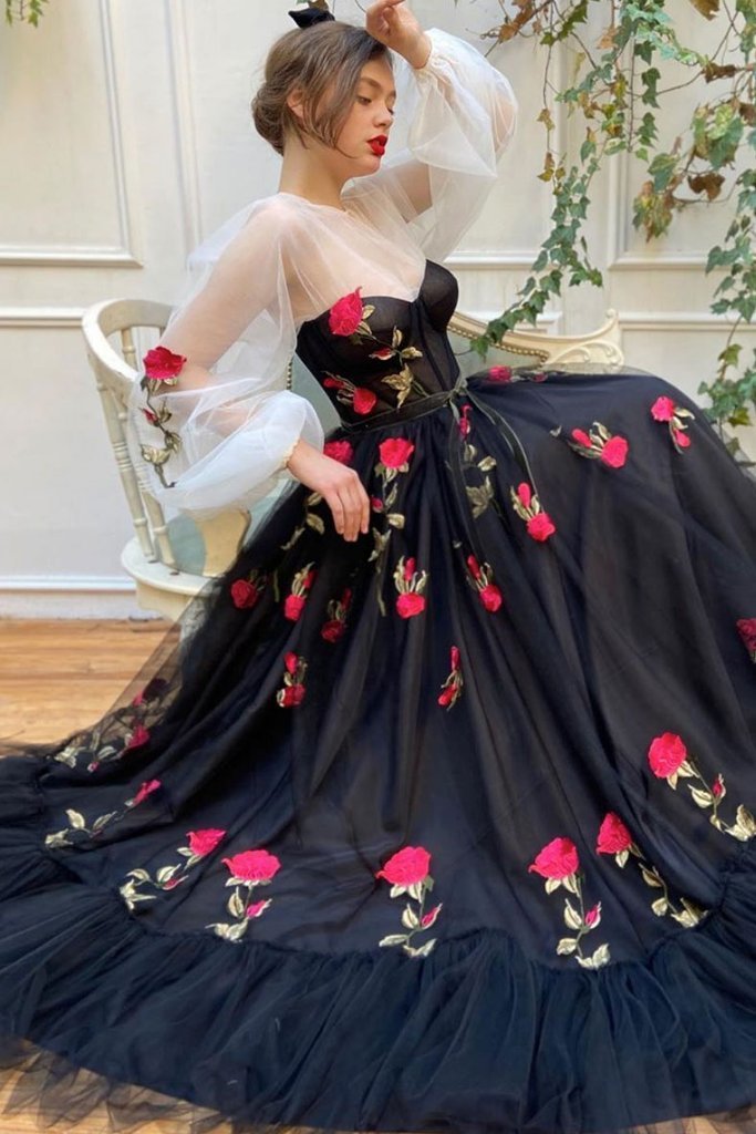 BLACK TULLE LACE LONG PROM DRESS BLACK TULLE FORMAL DRESS cg15044