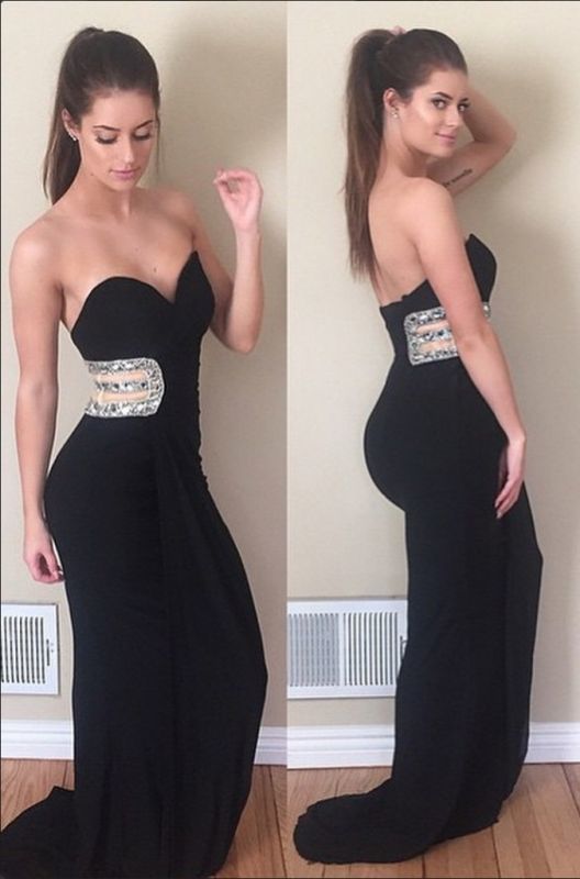 Modest Mermaid Sleeveless Black Crystals Sweetheart Prom Dress cg15059