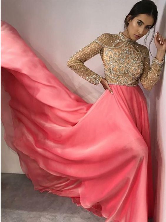 Fancy High Neck Long Sleeves Pink Evening Prom Dresses with Beading cg15116
