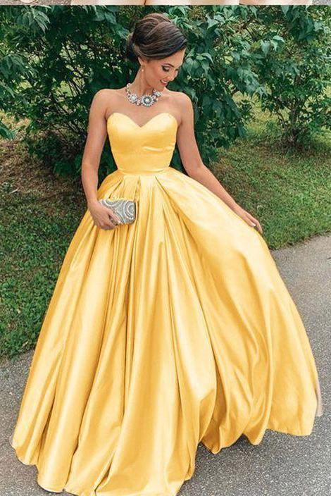 A Line Yellow Satin Prom Dresses, Strapless Sweetheart Sleeveless Party Dresses cg15151