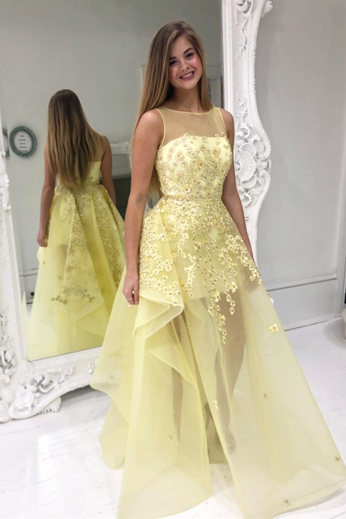 High Low Round Neck Yellow Floral Lace Long Prom Dress, Yellow Lace Formal Dress cg15173