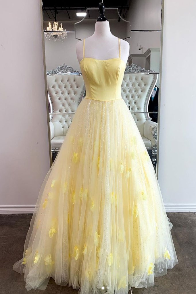 YELLOW TULLE SEQUIN LONG PROM DRESS, YELLOW TULLE FORMAL DRESS cg15187
