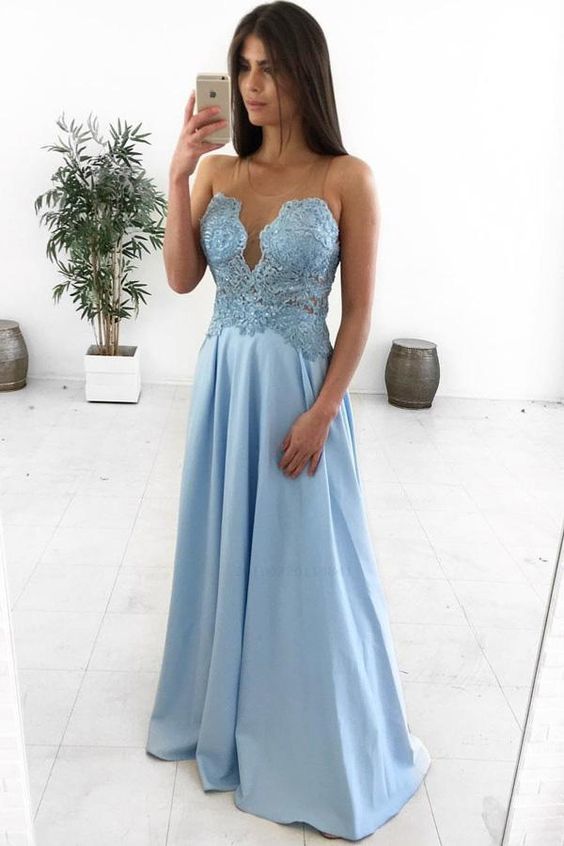 A-Line Illusion Round Neck Light Blue Satin Prom Dress with Appliques cg15254