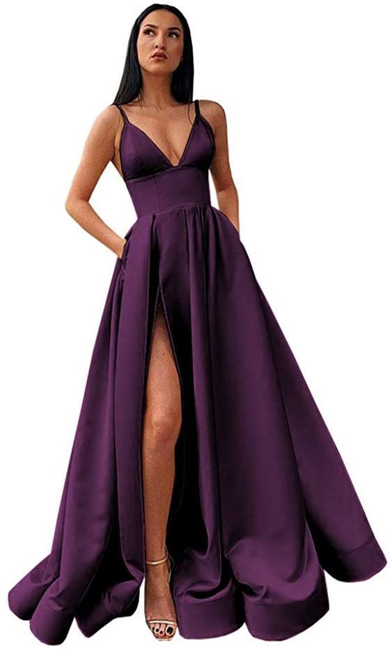 V-Neck Slit Satin Long Prom Dress Spaghetti Strap Evening Ball Gown with Pockets cg15264