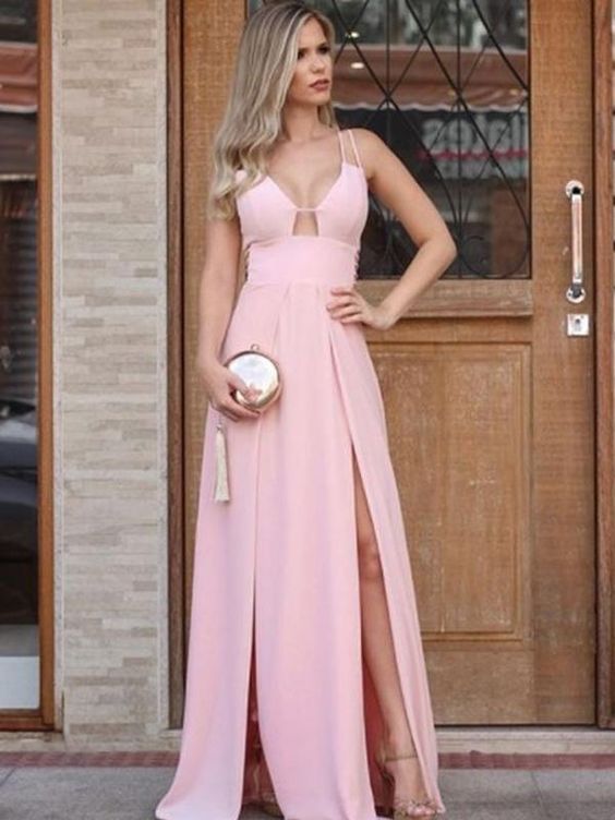 Simple Pink Sleeveless Spaghetti Strap A-line Long Prom Dresses cg15268