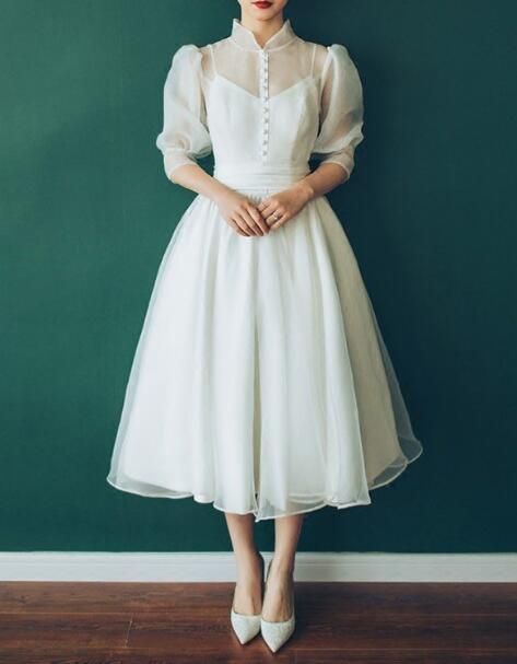Vintage A-Line Bubble Sleeve Tea Length Wedding Dresses Prom Dress,Evening Dress   cg15271