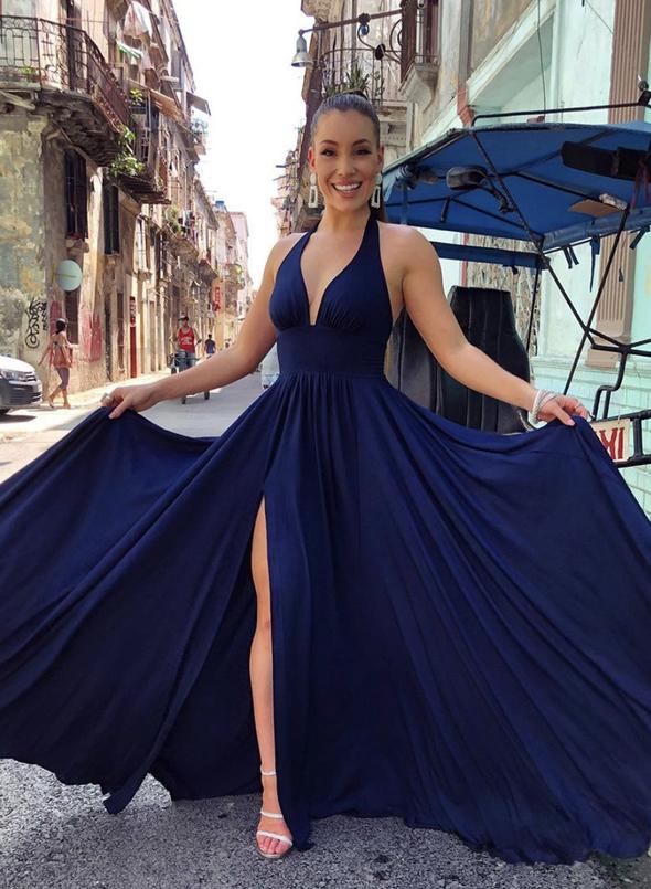 Blue v neck long prom dress simple evening dress cg15281