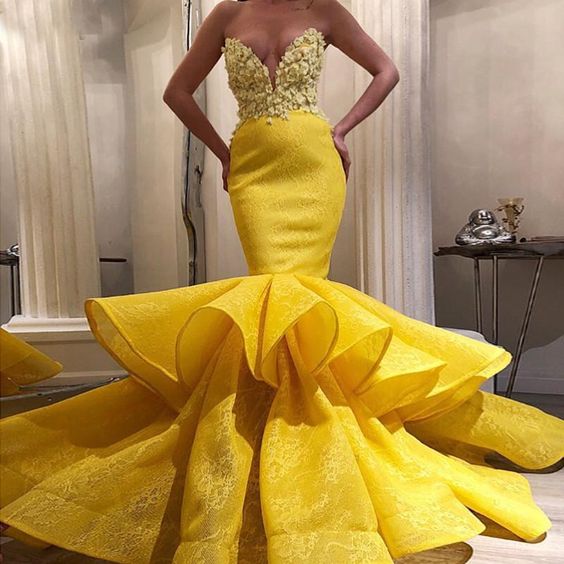 Arabic Yellow Full Lace Sweetheart Mermaid Prom Dresses cg15287