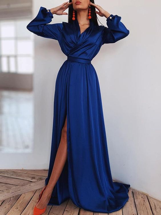 Long Sleeve Ruched Thigh Slit Evening prom Dress cg15294