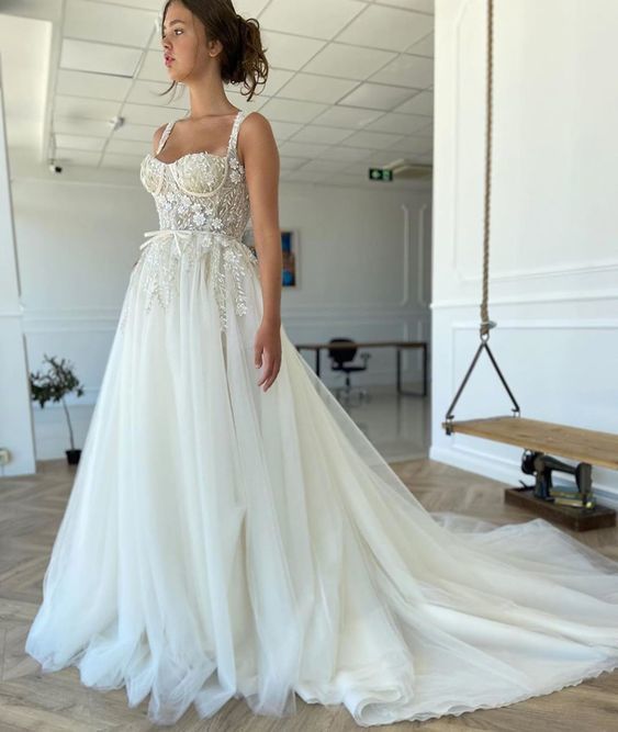 A-line Straps White Prom Dress With Lace cg15312