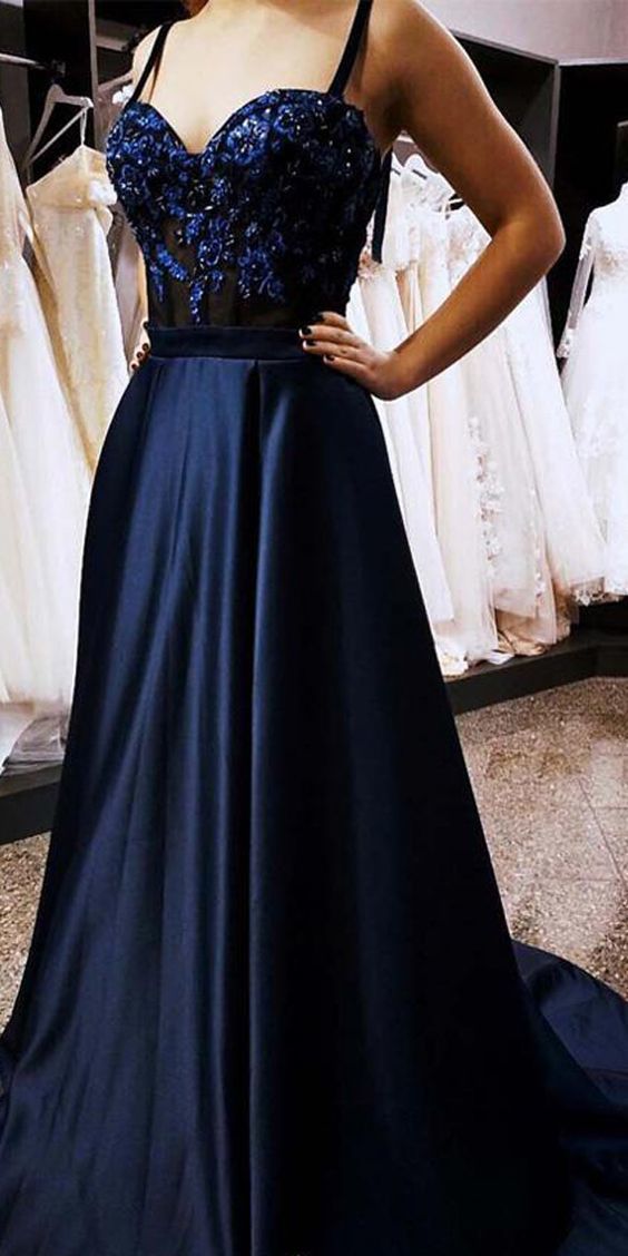 Navy Blue Satin Appliques A Line Straps Prom Dresses cg15318