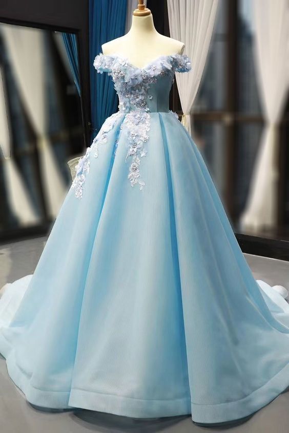Light Blue Ball Gown with 3D Flowers Prom Dress cg15322