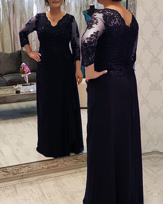 Elegant navy blue lace sleeves prom dress cg15328
