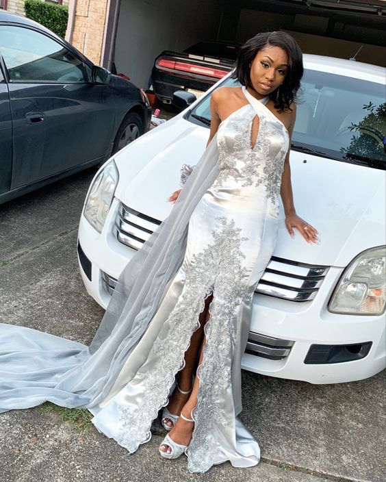 Silver prom dress with lace and cape cg15350