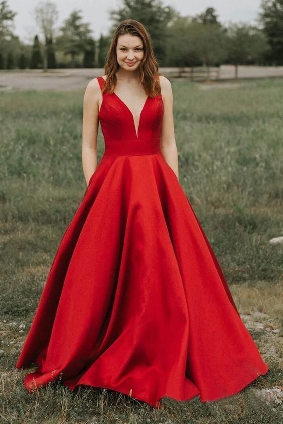 Simple A-line V-neck Satin Long Cheap Red Prom Dresses with Pocket cg15377