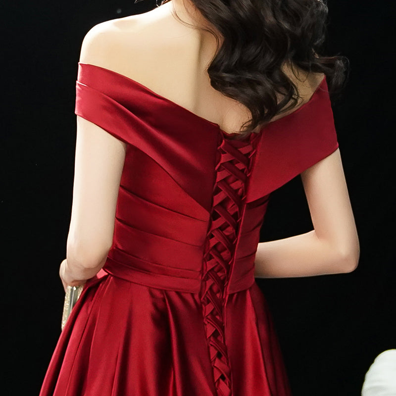 BURGUNDY V NECK SATIN LONG PROM DRESS, BURGUNDY EVENING DRESS cg15414