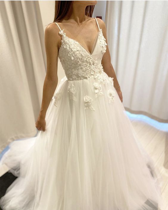 Rustic Style Tulle v neck lace flowers prom dress cg15425