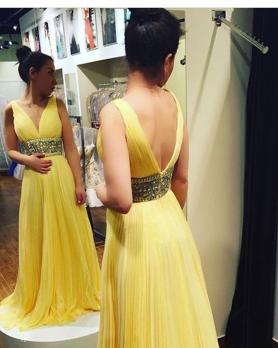 Gorgeous V Neck Empire Yellow Long Prom Dress cg15430